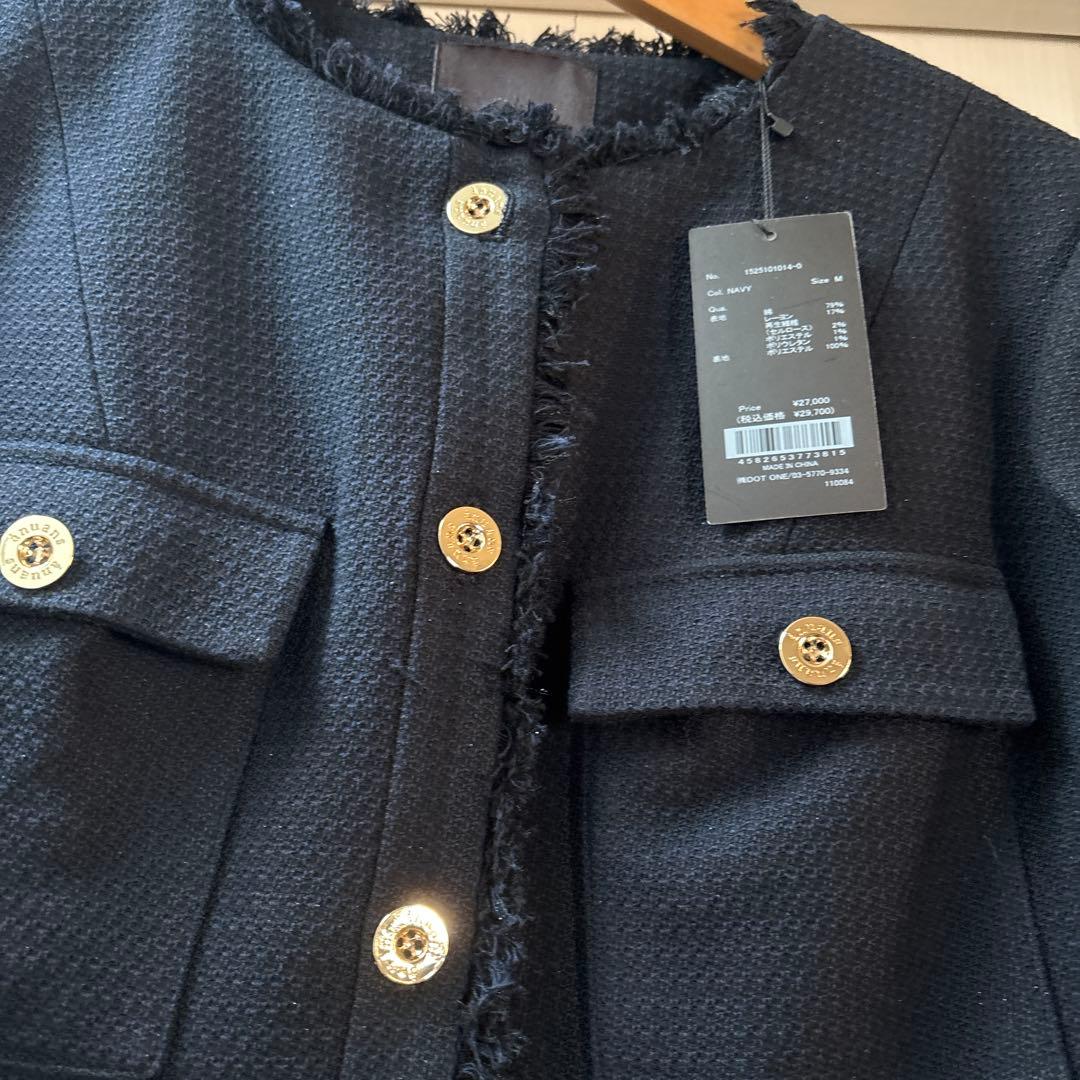 完売　アニュアンス　ツイードノーカラーフォルムジャケット　ネイビー