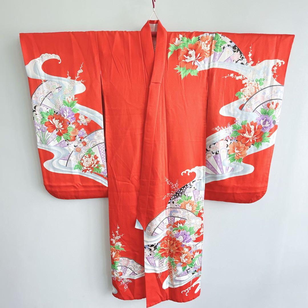 フルセット　七五三７歳女の子　着物　朱地　薄手　緑袋帯　小物セット　51919