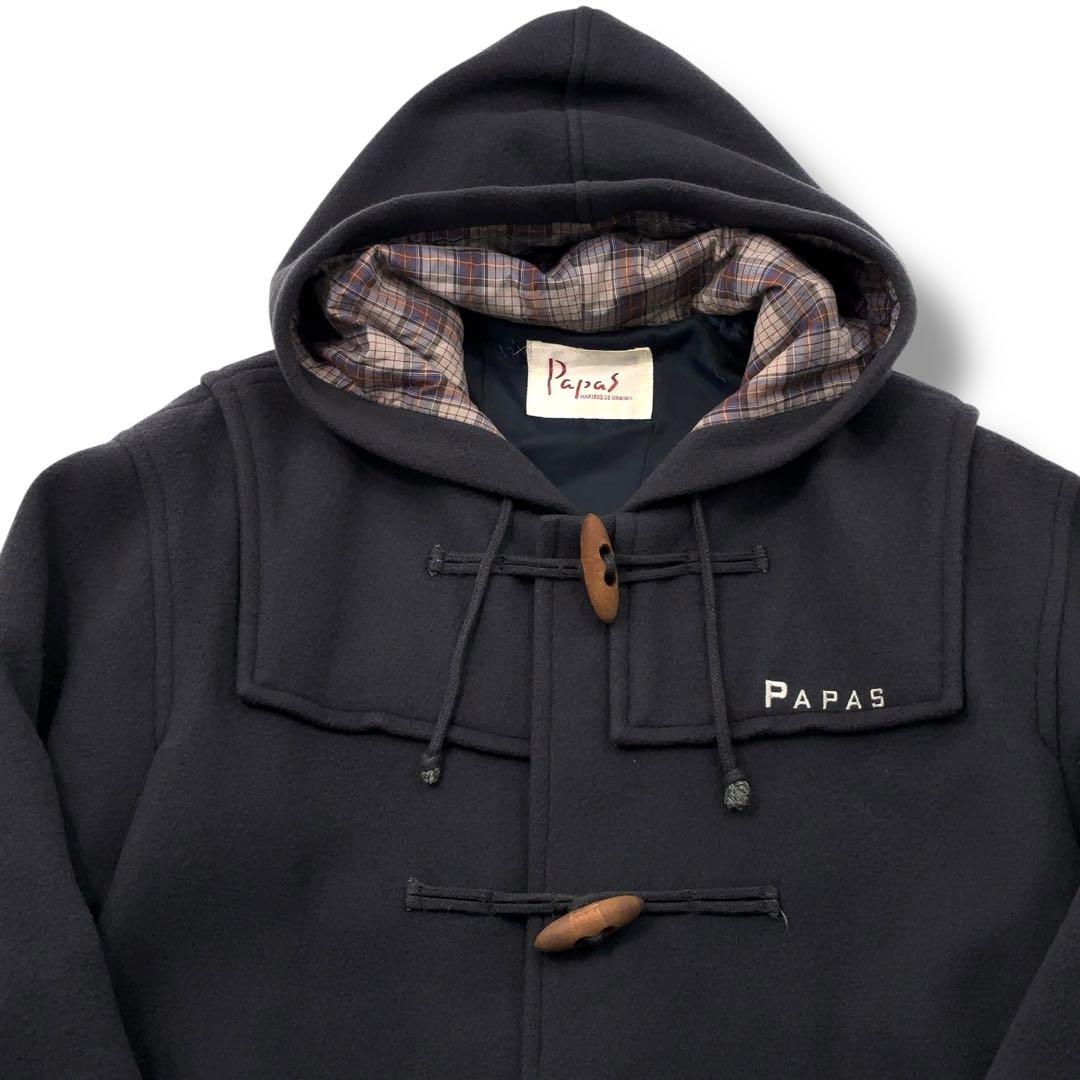 【美品】PaPas パパス ダッフルコート チェック　木製トグル　ダークネイビー