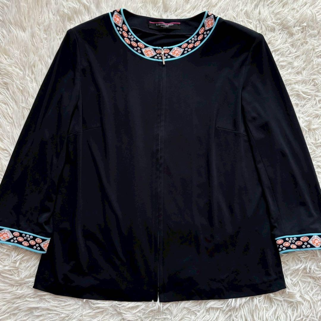 レオナール カンカン素材 美品 ジップカーディガン LL 黒