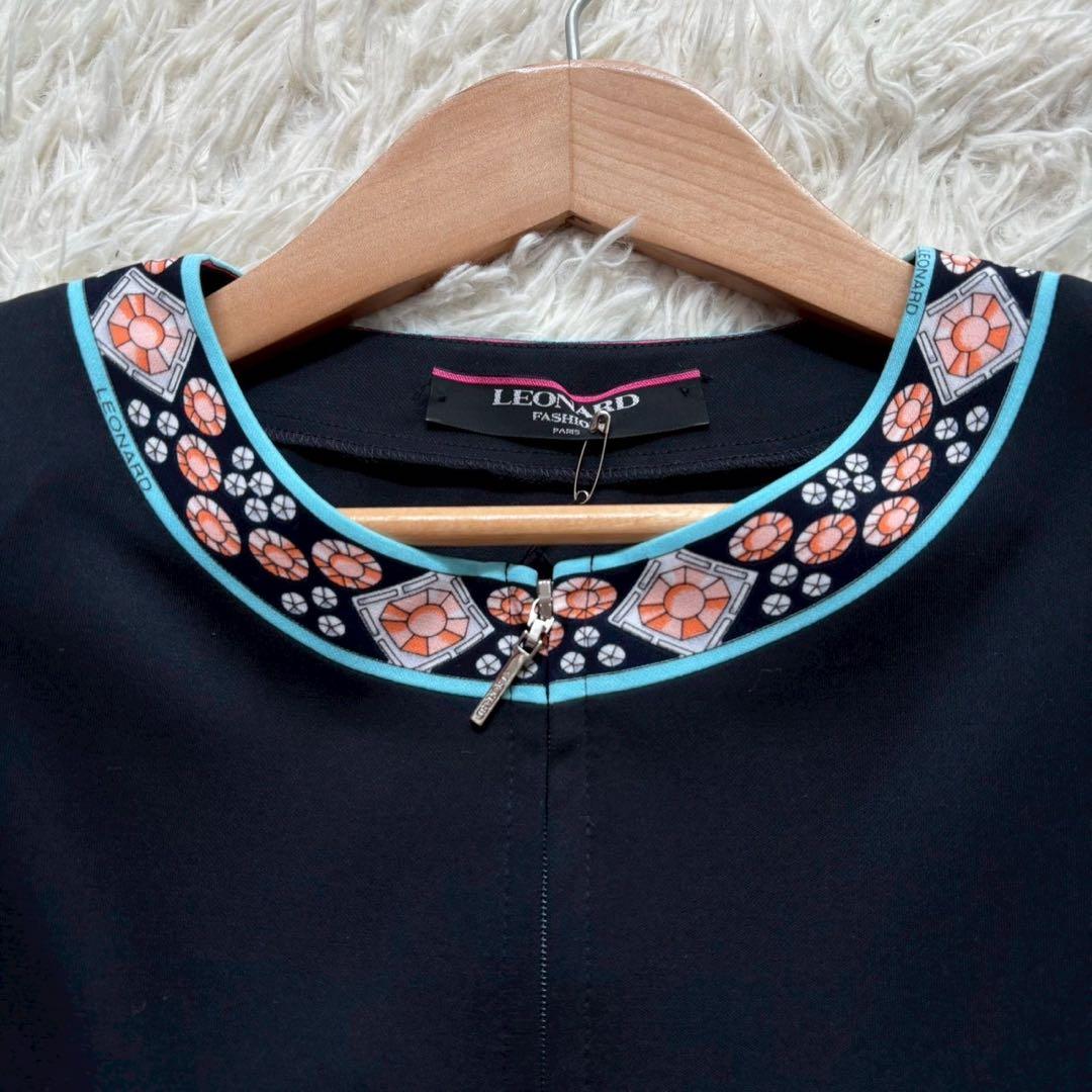 レオナール カンカン素材 美品 ジップカーディガン LL 黒