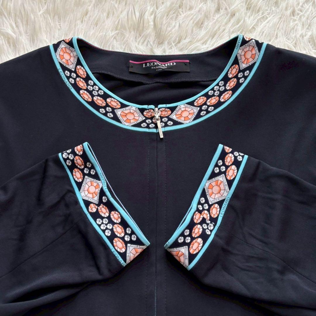 レオナール カンカン素材 美品 ジップカーディガン LL 黒