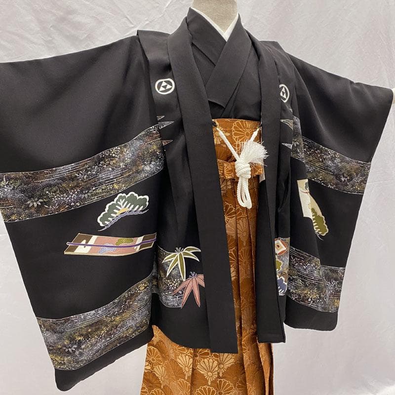 509ab49◎七五三 五歳 男児 着物&羽織&袴&角帯&長襦袢 黒◎美品
