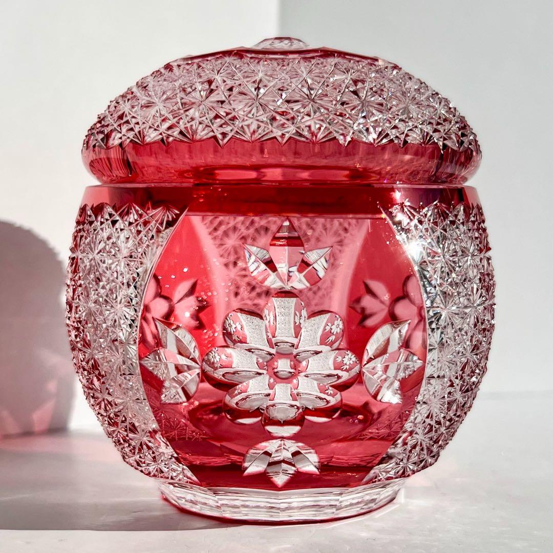 カガミクリスタル 伝統工芸士 篠崎清一 江戸切子 金赤被切子蓋物 KAGAMI