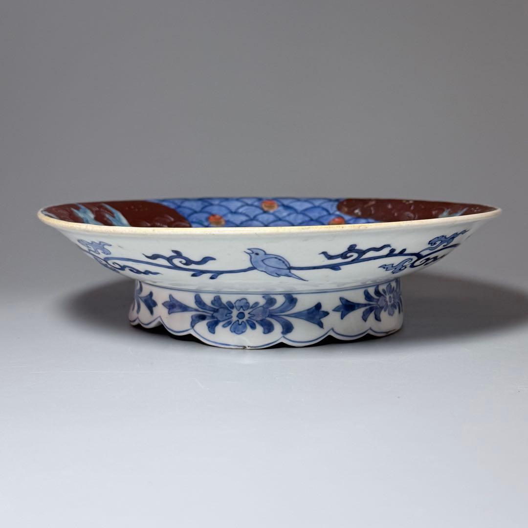 江戸期　古伊万里　染錦貝青海波文高台皿　裏唐草鳥文　珍しい絵付　古美術　蒐集家