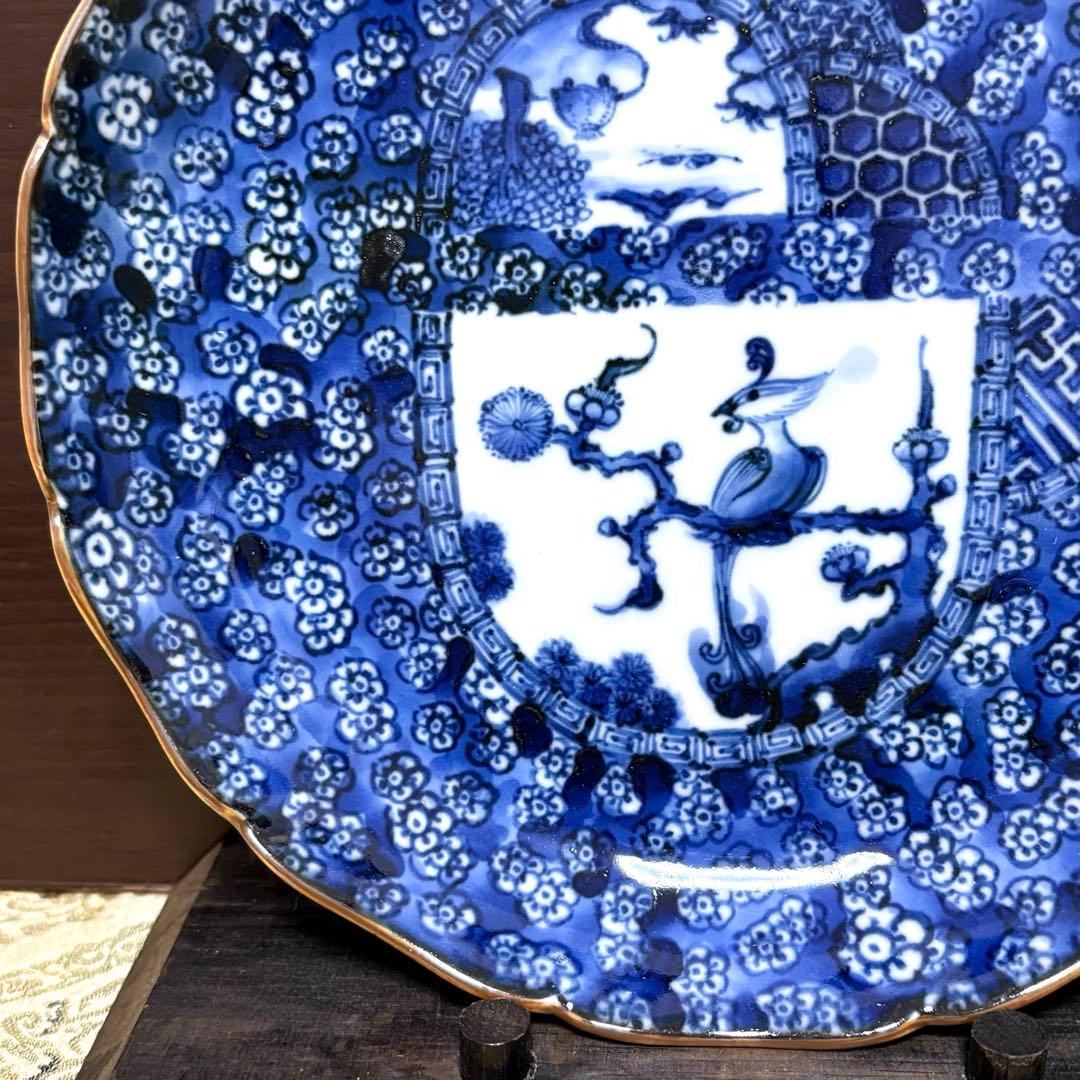 未使用保管✨清水焼 加藤利昌作 青華梅小紋鳳凰 6号皿 1枚 ✨中皿 京焼 皿