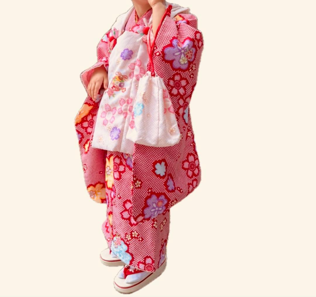 七五三 花ひめ　赤とピンク花柄　三歳　着物　箱付きです