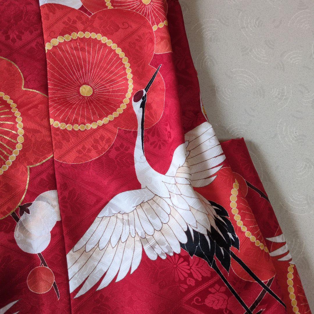 七五三３歳正絹手縫いの被布（中綿無し）赤色鶴柄