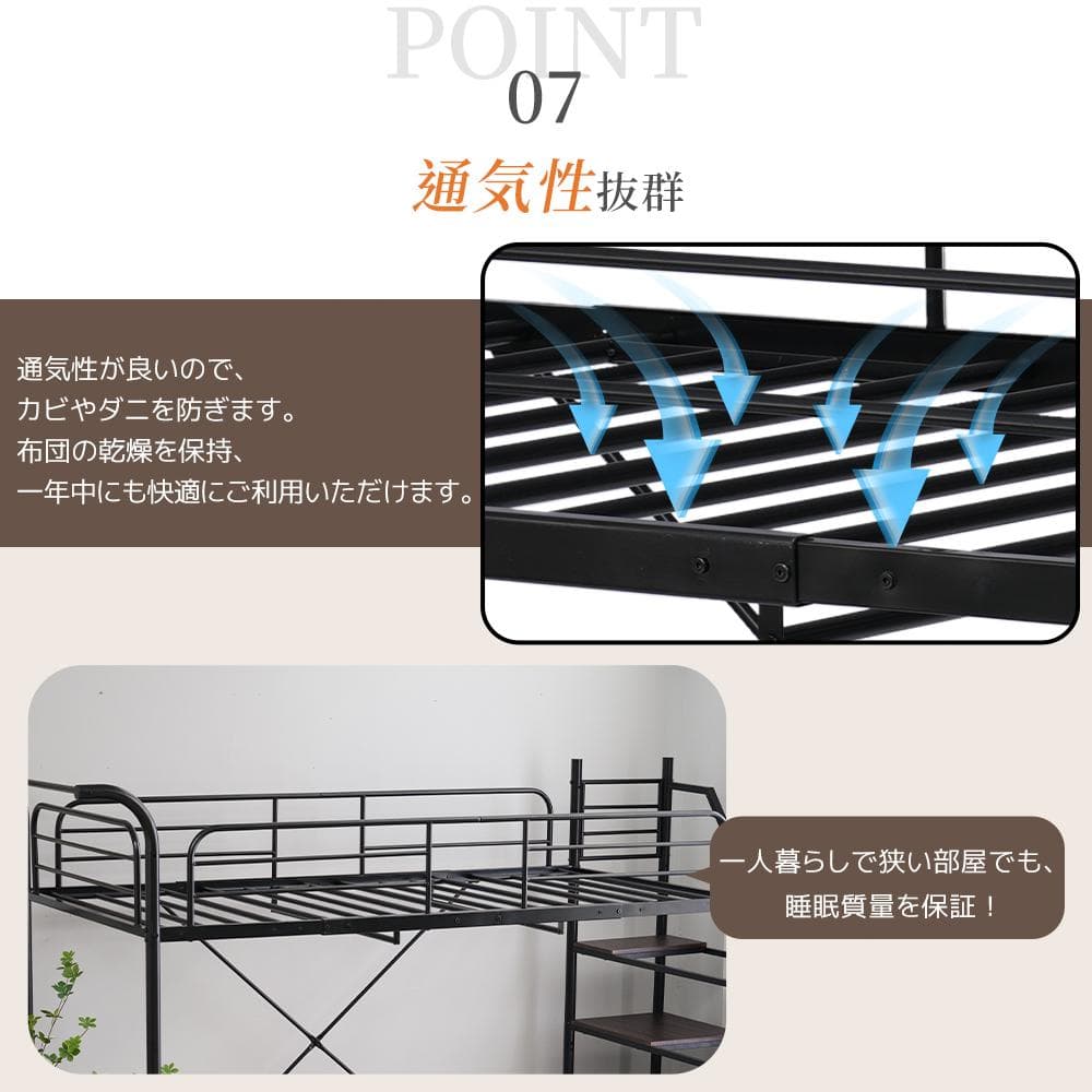 システムベット ロフトベッド シングル デスク・コンセント・収納付き　WHITE