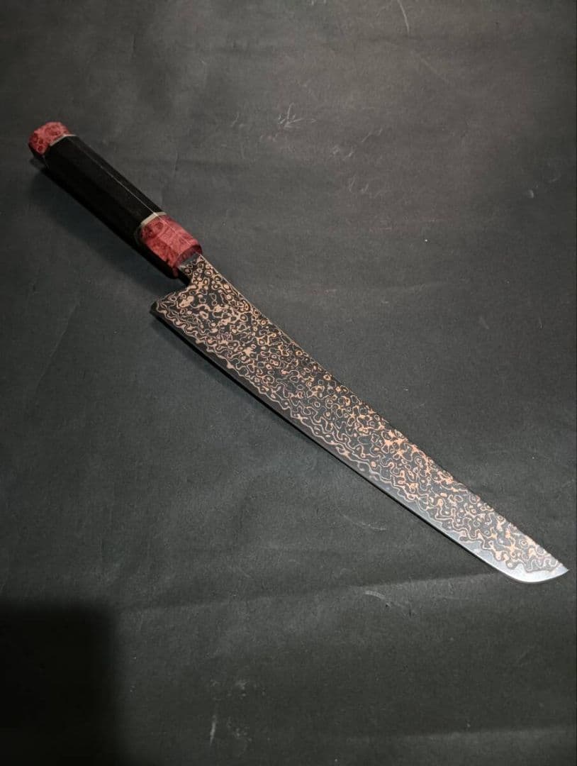 黒打ち67層鏡面ダマスカスV金10号筋引き260mm 黒檀花梨瘤柄　悪鬼滅殺剣