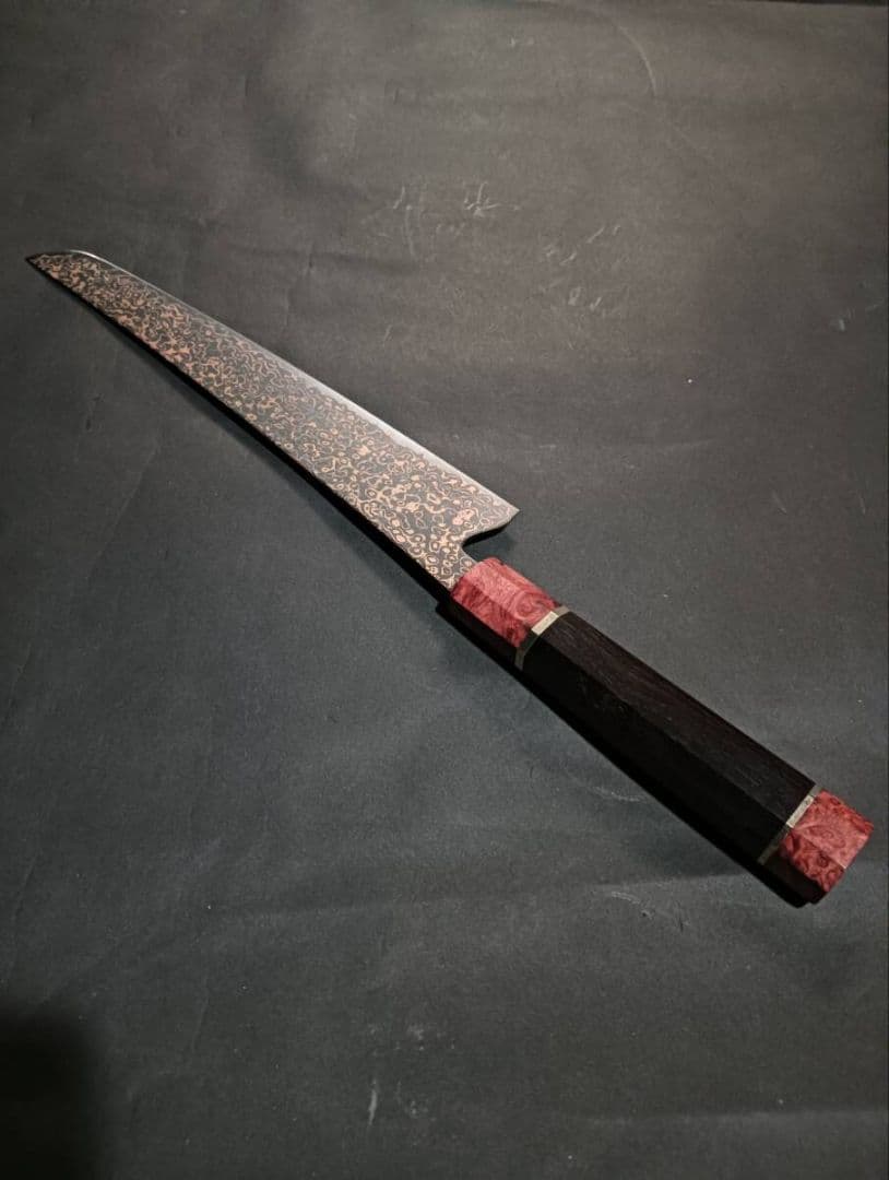 黒打ち67層鏡面ダマスカスV金10号筋引き260mm 黒檀花梨瘤柄　悪鬼滅殺剣