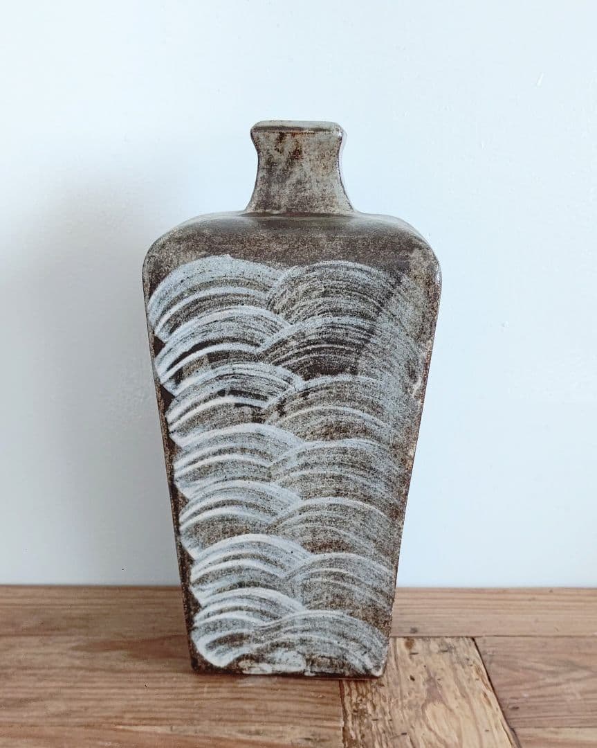 明石庄作 濱田庄司の弟子 赤絵花瓶 益子焼 角瓶 民芸 民藝