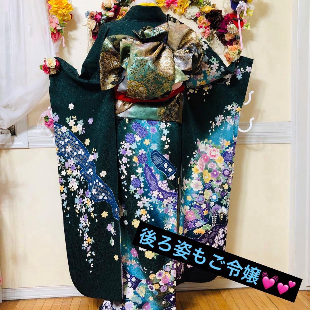 振袖正絹フルセット‼️豪華絢爛深緑×水色ラメキッラキラ⭐︎花々金彩刺繍⭐︎新品豪華袋帯