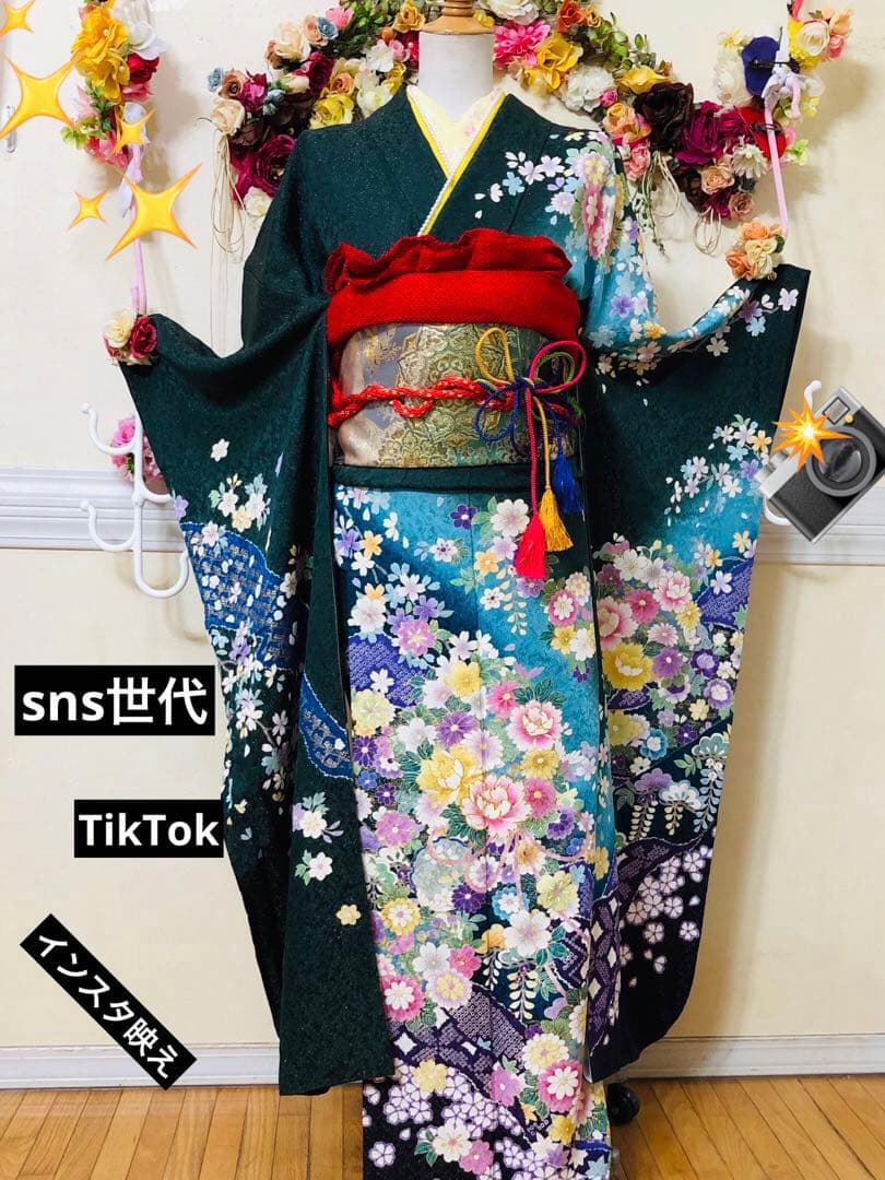 振袖正絹フルセット‼️豪華絢爛深緑×水色ラメキッラキラ⭐︎花々金彩刺繍⭐︎新品豪華袋帯