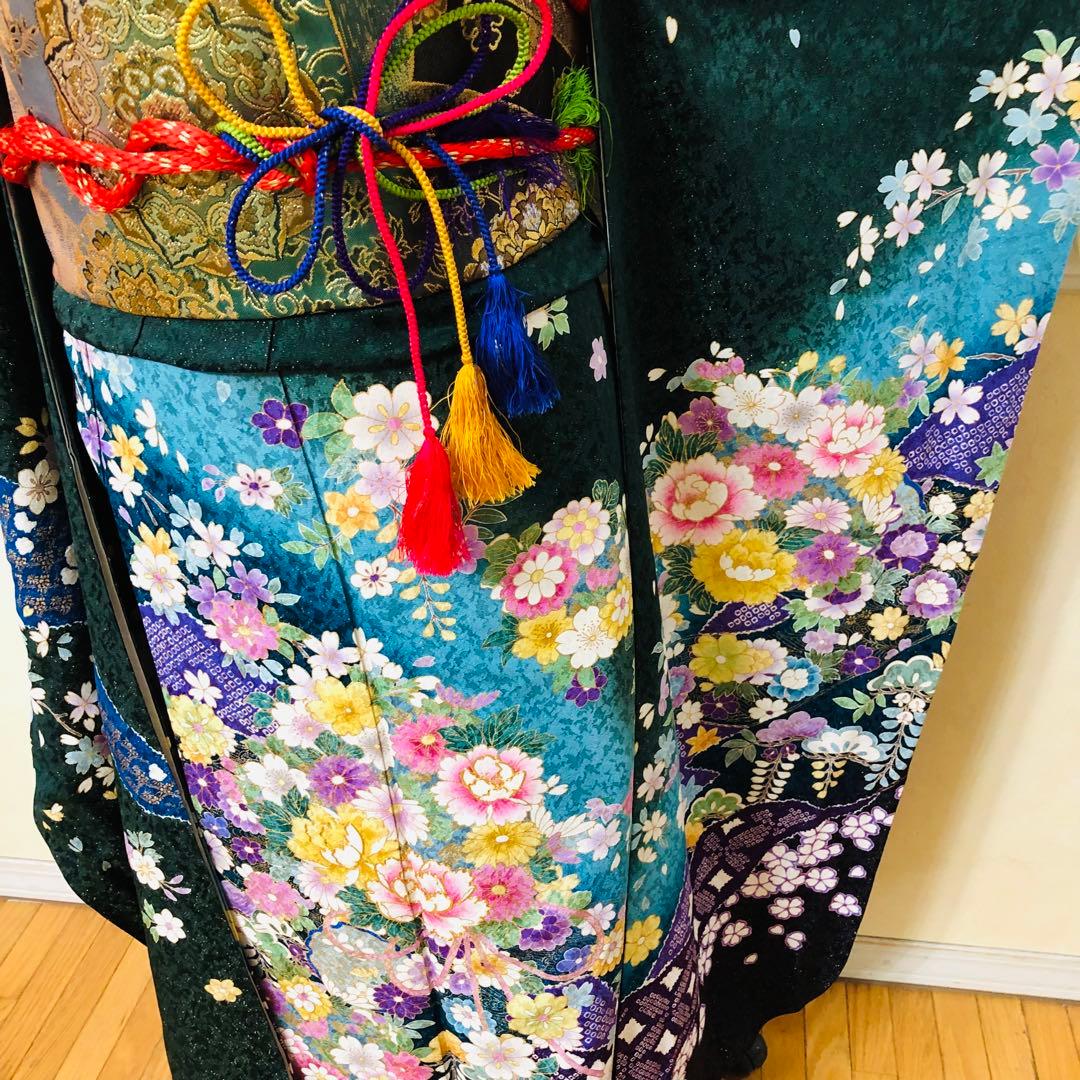 振袖正絹フルセット‼️豪華絢爛深緑×水色ラメキッラキラ⭐︎花々金彩刺繍⭐︎新品豪華袋帯