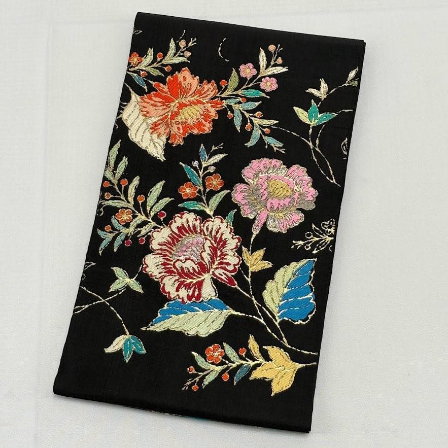 ゆりのはな　龍村美術織物　龍村製　本袋帯　金更紗大唐花錦　唐織　黒地　G203