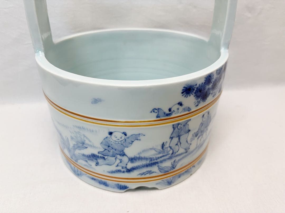 未使用 茶道具 八十翁 石泉作 瀬戸染付 唐子絵 手桶水指 割蓋 底印 共箱