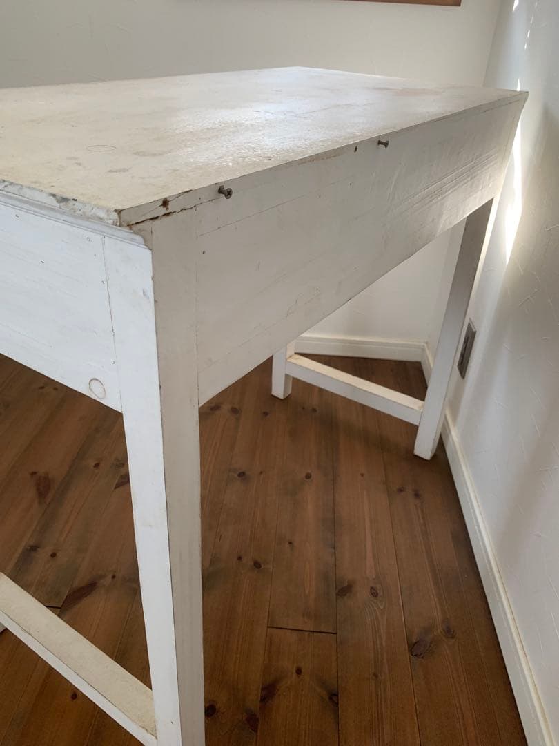 古道具　アンティーク　ホワイト木製テーブル 引き出し2つ付き