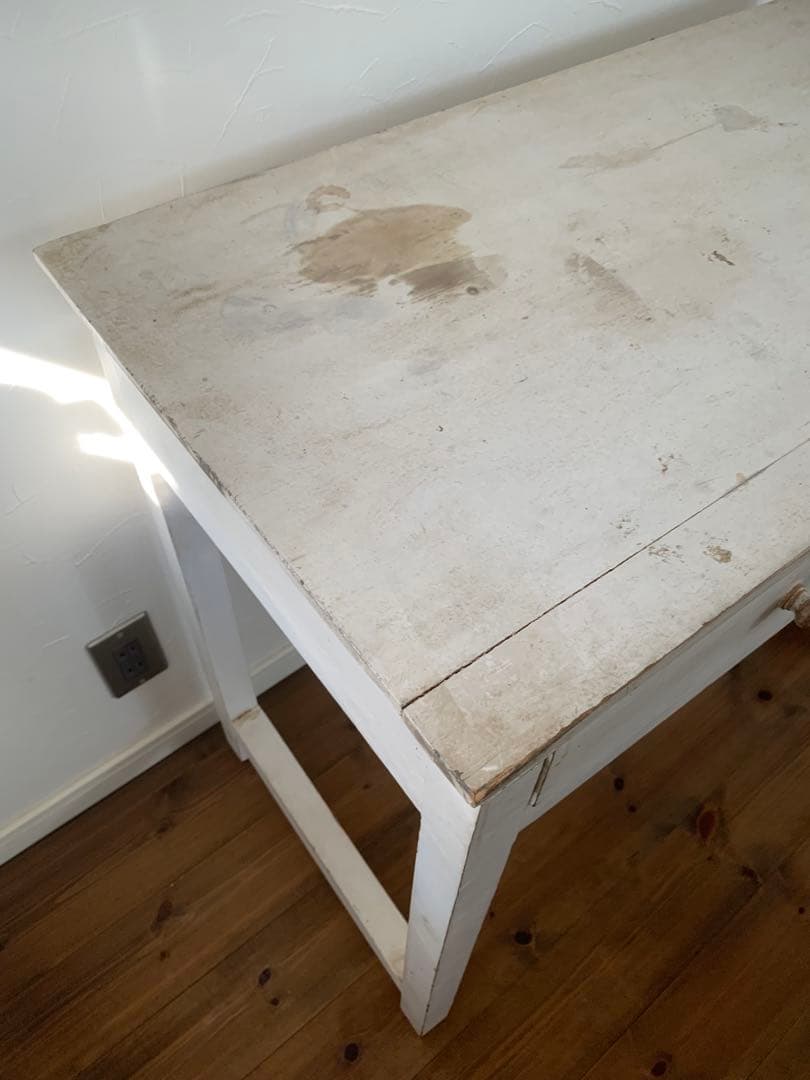 古道具　アンティーク　ホワイト木製テーブル 引き出し2つ付き