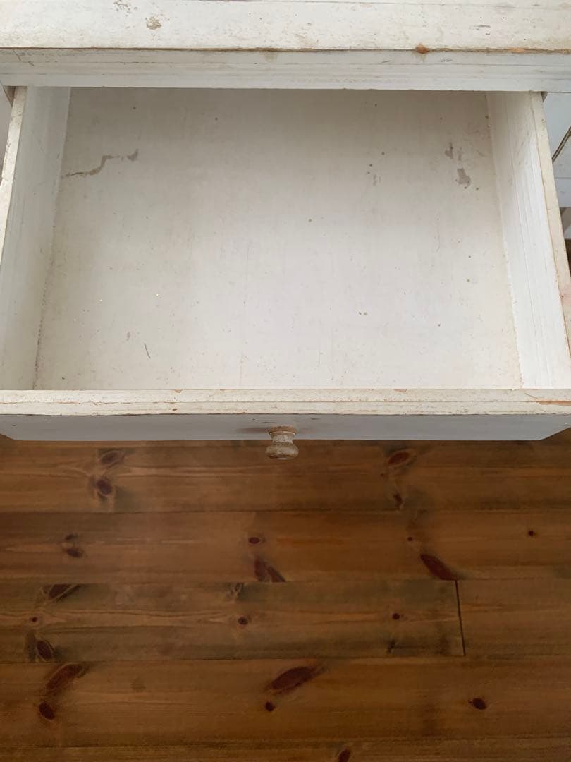 古道具　アンティーク　ホワイト木製テーブル 引き出し2つ付き