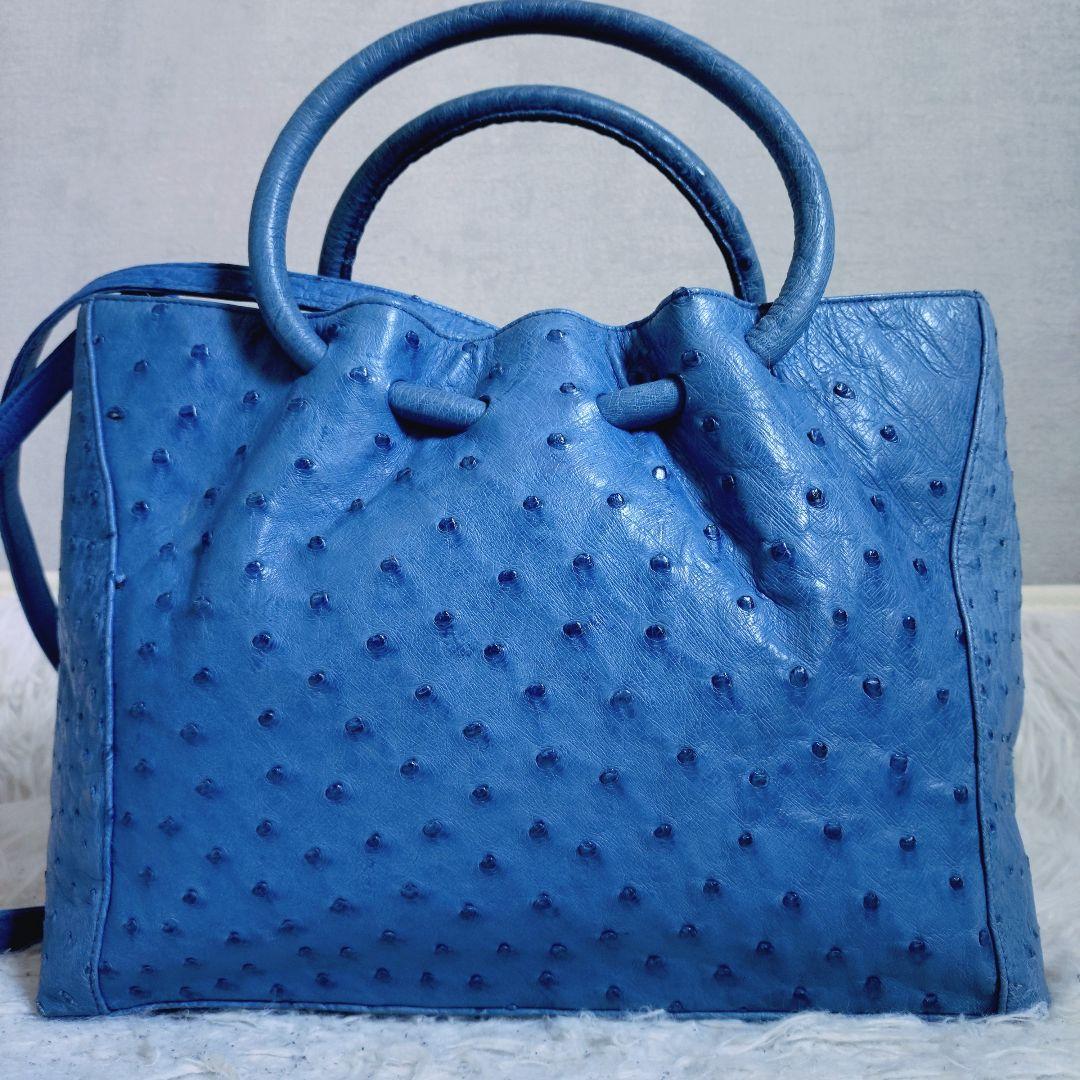 2WAY　ハンドバッグ　オーストリッチ　ブルー色　自立型　容量多
