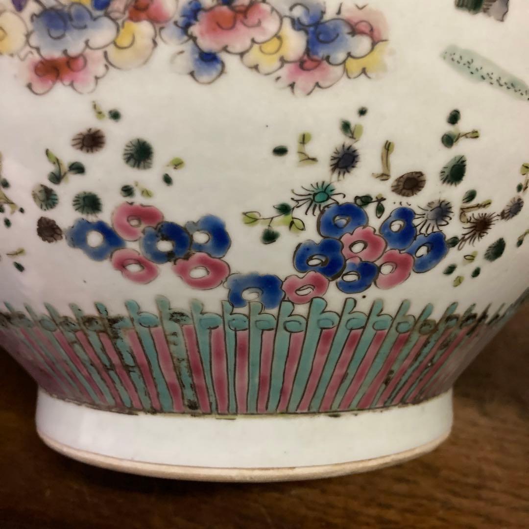 中国　色絵　瓶　天球瓶　鳳凰鶴桃果人物図　大清康熙年製銘