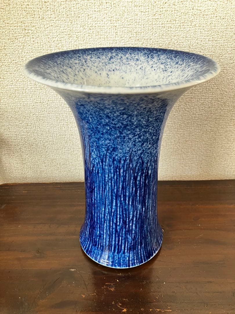 深川製磁　鶴　鷺　花瓶　青白グラデーション フラワーベース