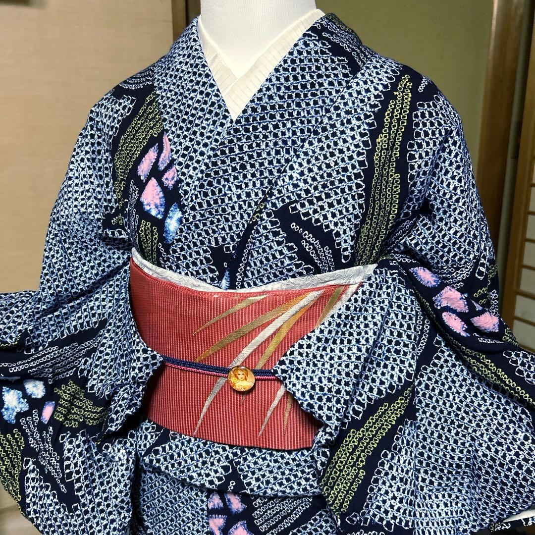 有松鳴海絞りフルセット5点　高級綿浴衣+夏帯+夏帯締め+夏帯揚げ+帯留め