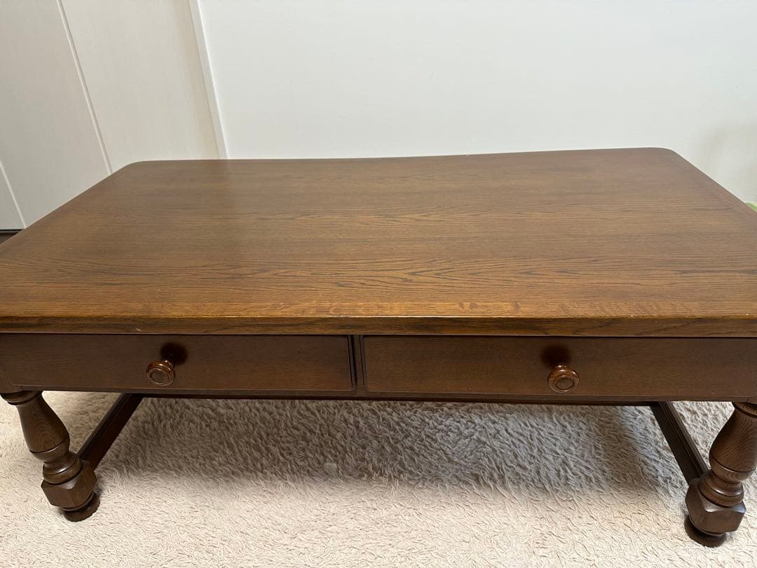 ダークブラウン木製センターテーブル 引き出し付き