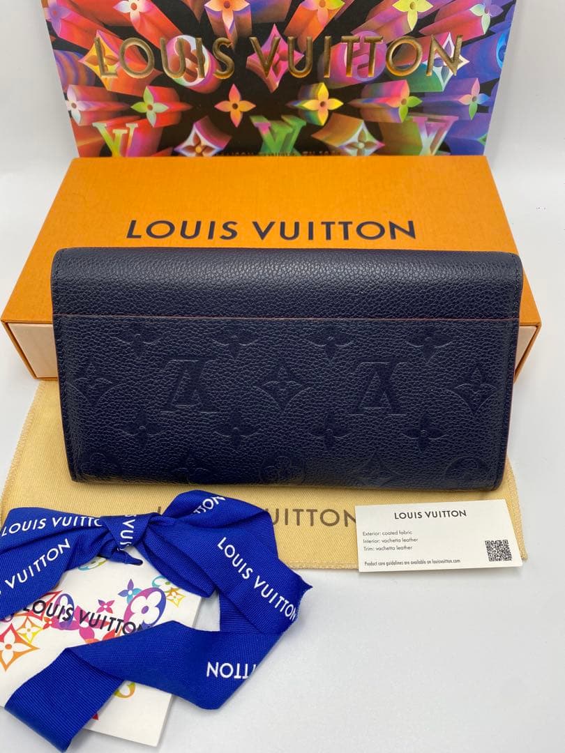 良品 ルイヴィトン モノグラムアンプラント ポルトフォイユ サラ 財布 ネイビー