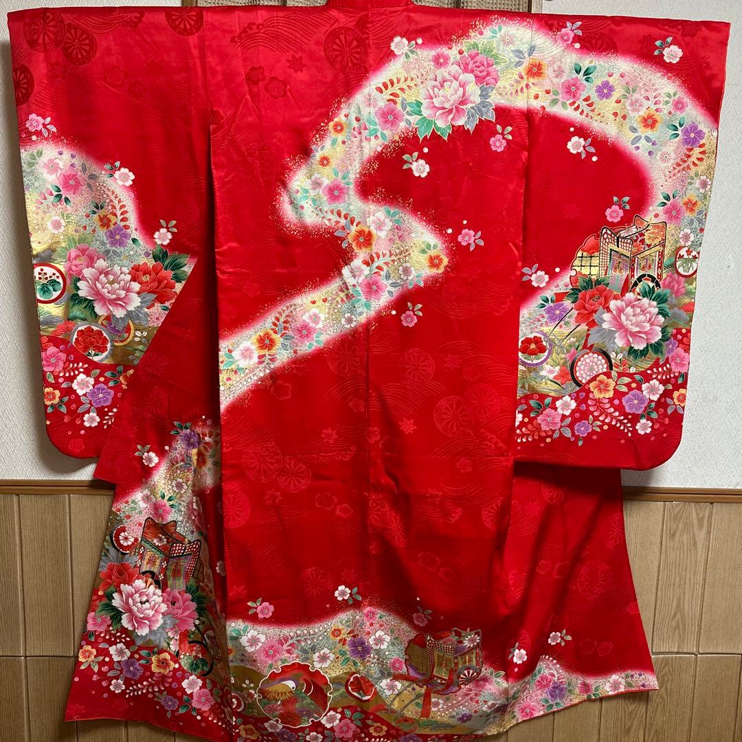 七五三　女の子　７歳　正絹着物　長襦袢　袋帯　御所車花文　暈し染め　金彩　逸品