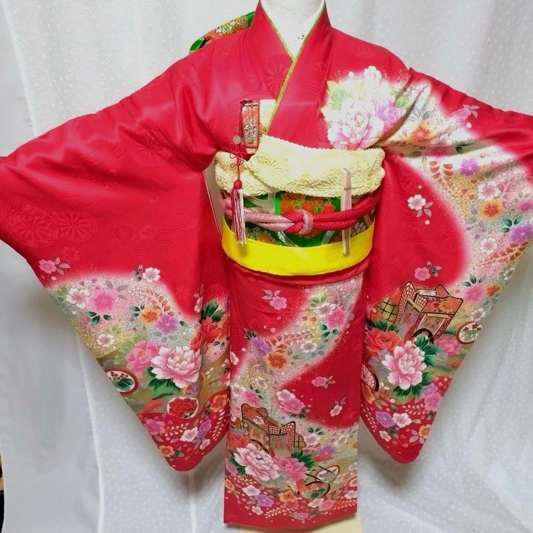 七五三　女の子　７歳　正絹着物　長襦袢　袋帯　御所車花文　暈し染め　金彩　逸品