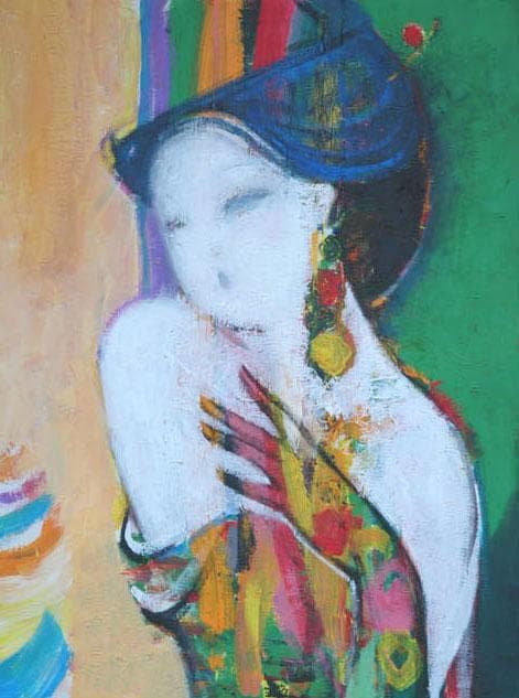 油絵 菅家令子 絵 絵画インテリア額付(青緑＋金色の枠)uF6-010111女性