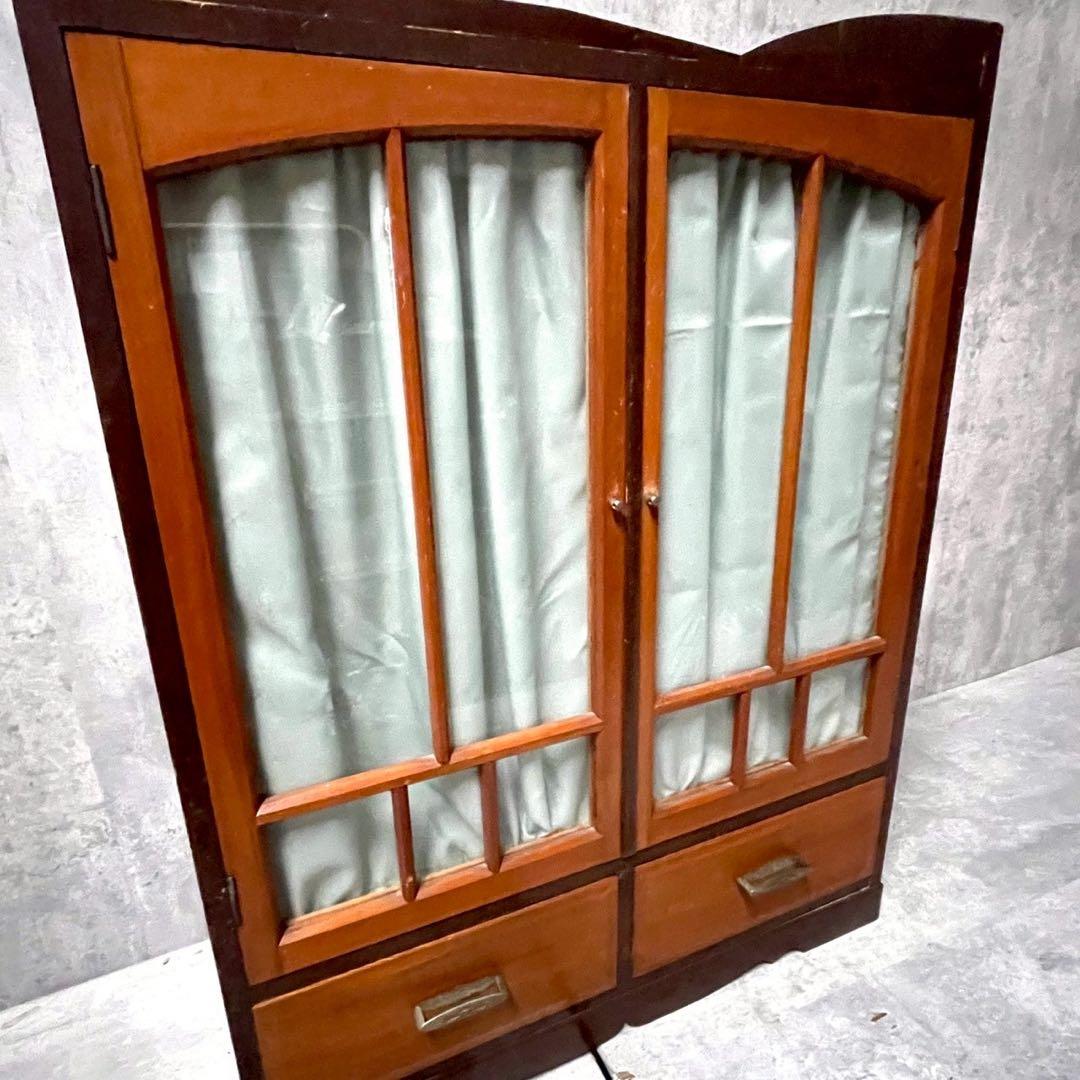 古家具 昭和レトロ アンティーク 木製ガラス扉収納棚