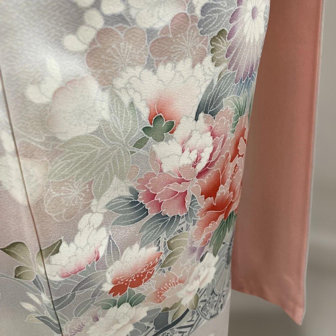 新品　淡いグレー地　訪問着　牡丹　花車文様　桜　縁起柄　小柄な方　s