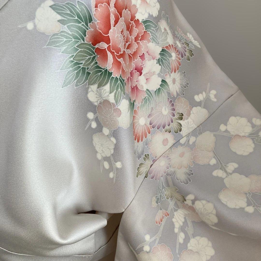 新品　淡いグレー地　訪問着　牡丹　花車文様　桜　縁起柄　小柄な方　s