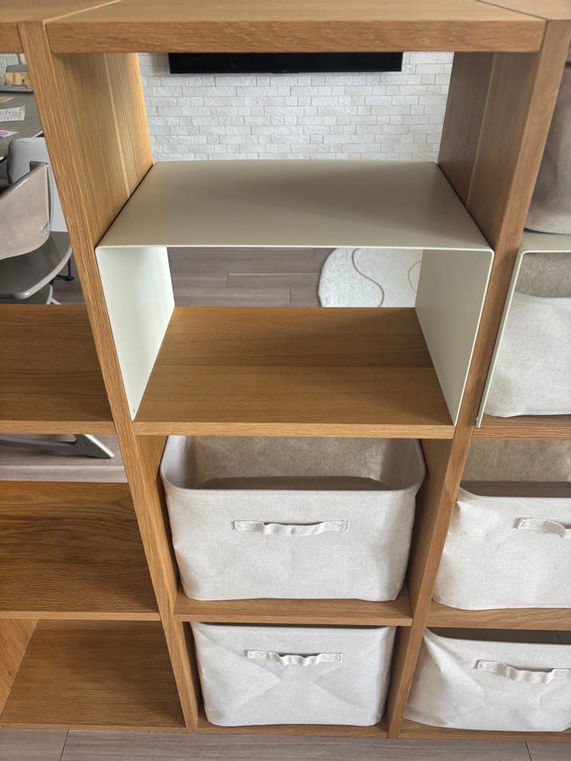 無印良品　スタッキングシェルフ　オーク材　３段４列　この字棚・収納ボックス付き