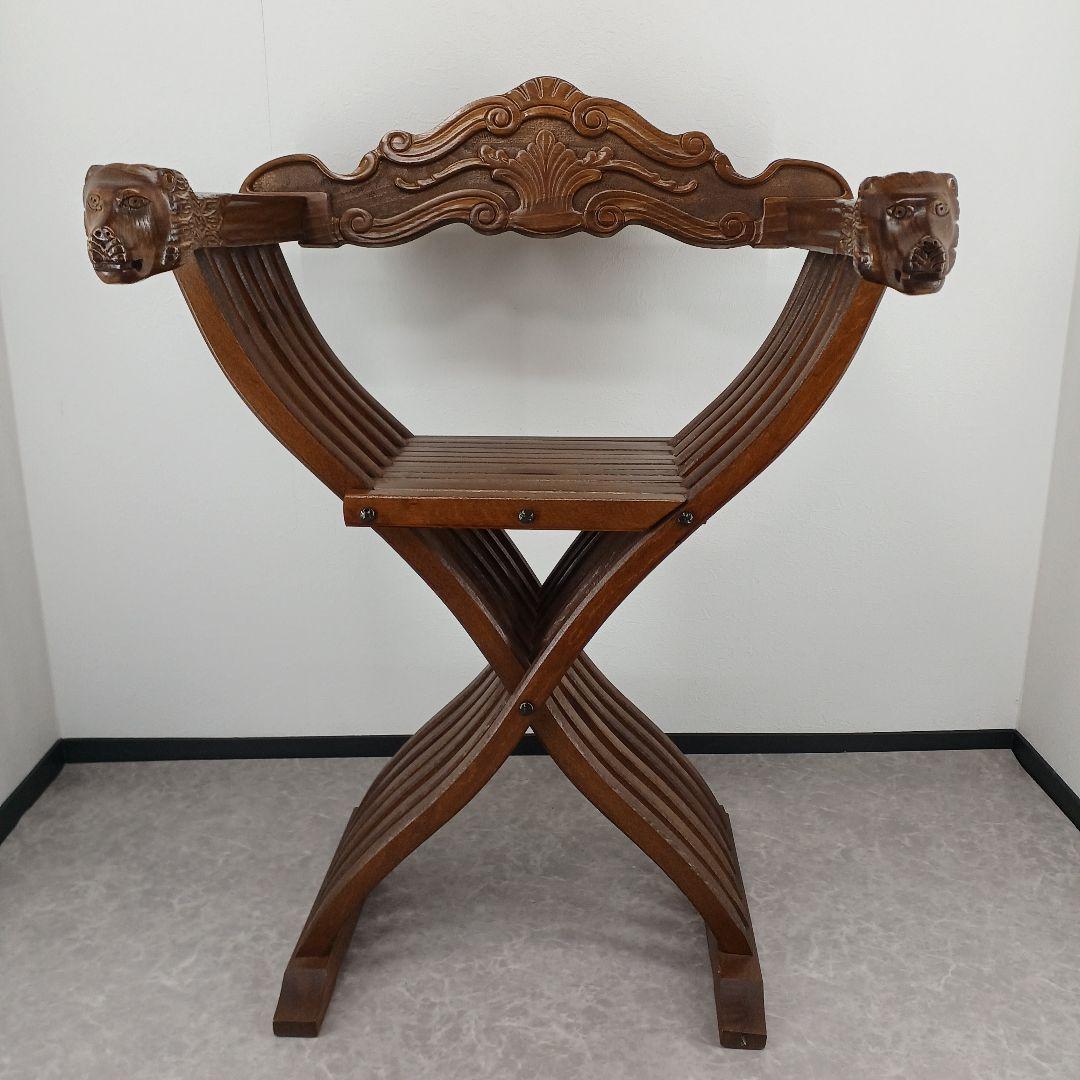 送料込み②アンティーク【ライオン頭部装飾の木製折りたたみ椅子】ヴィンテージ