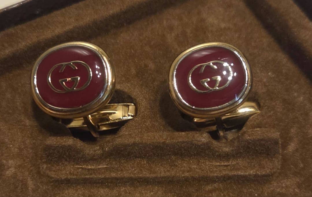 GUCCI ネクタイピン　カフスセット　ヴィンテージ　レッド　バーガンディ　箱付