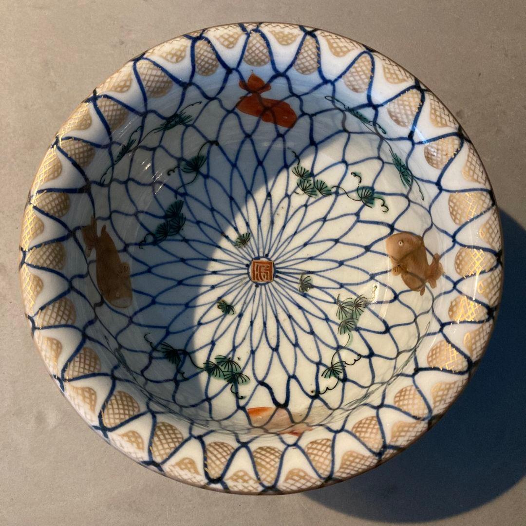 【貴重】古伊万里　染付色絵鉢　網目　金魚　金彩　茶碗　陶器　骨董品　江戸後期