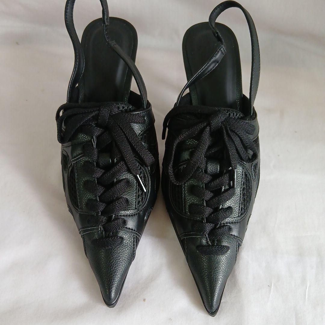 (184)ACLTENT ブラック ポインテッドトゥ ミュールSサイズ