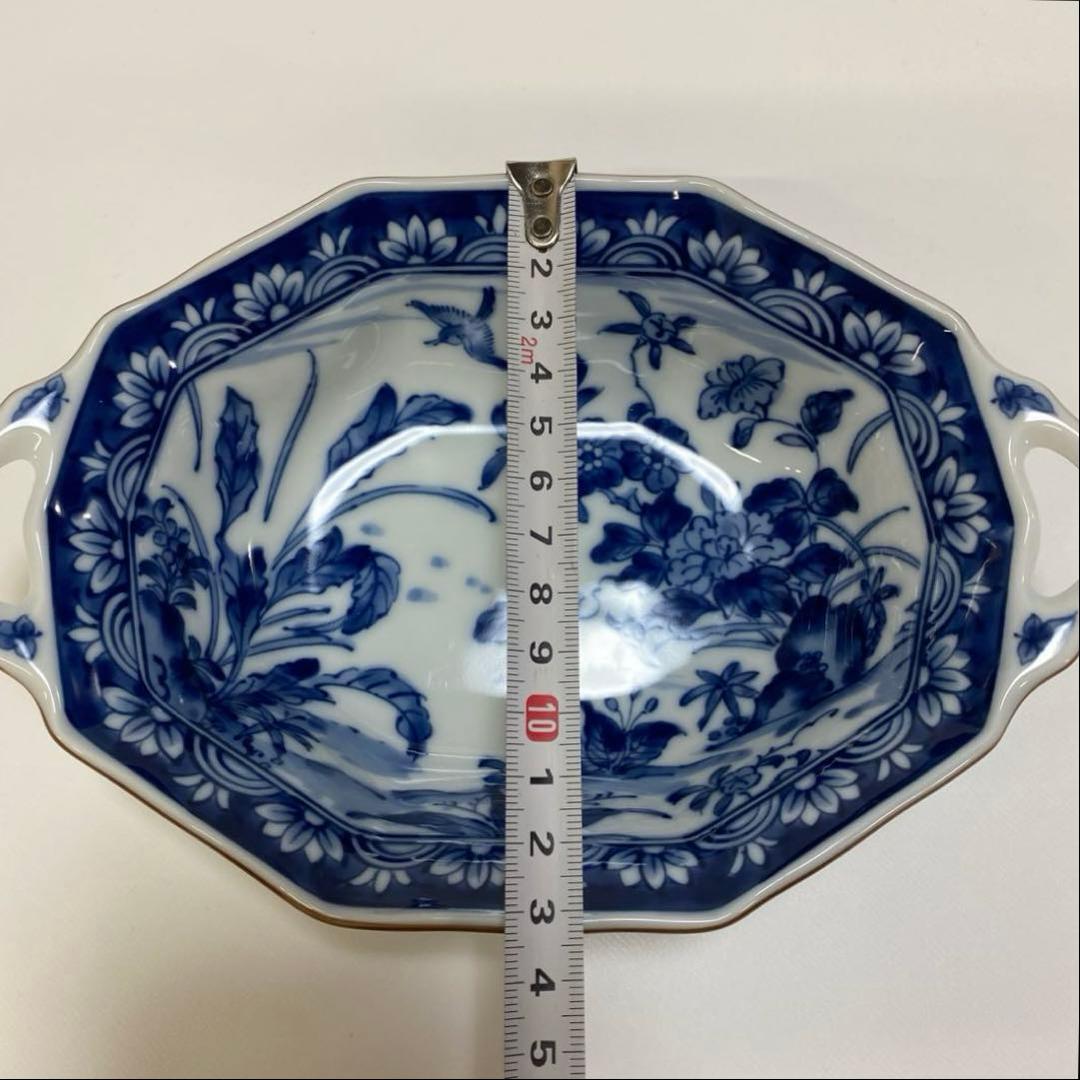 前畑陶器　染付け　グラタン皿　5枚　八角　花鳥　手付き　ボウル　皿　鉢　和柄