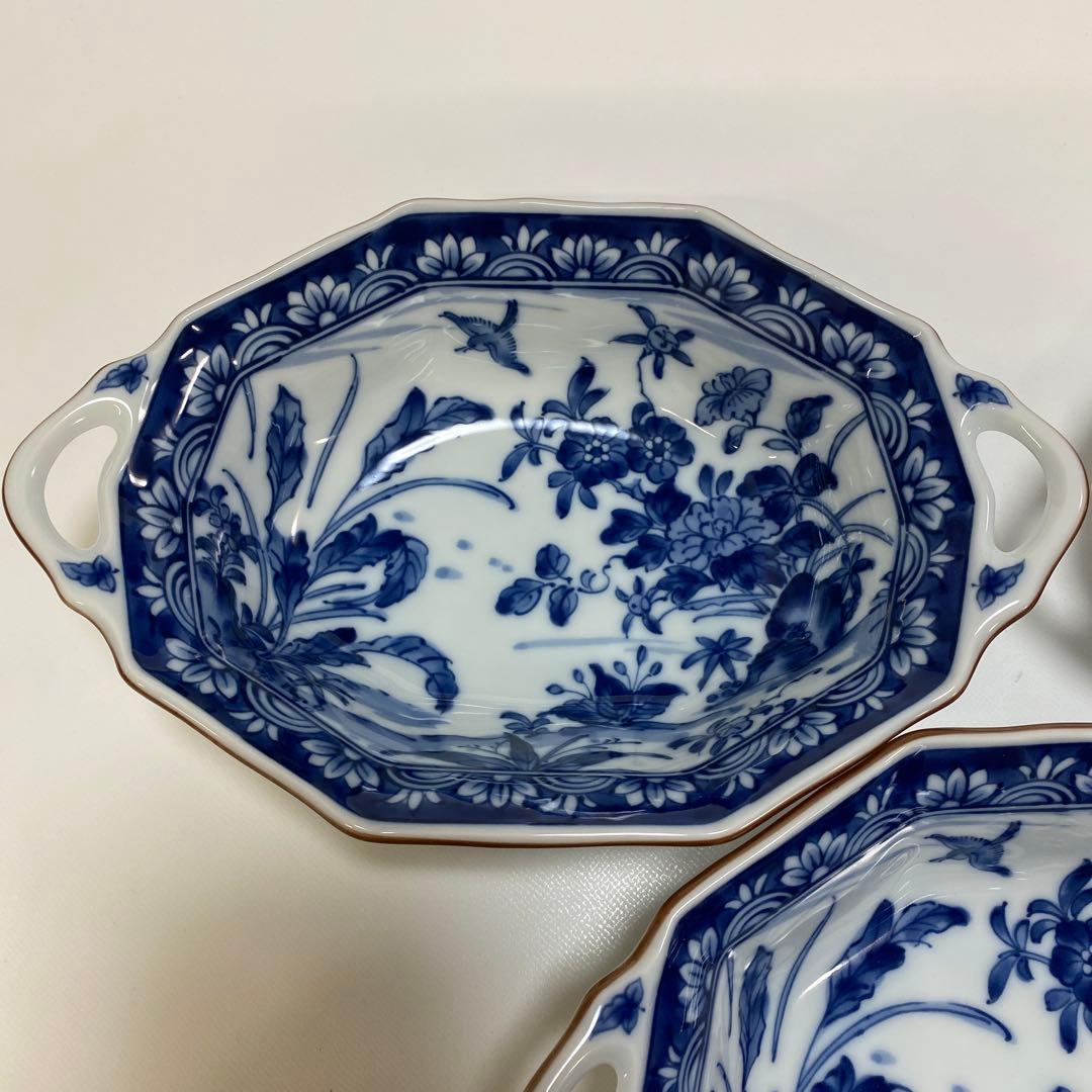 前畑陶器　染付け　グラタン皿　5枚　八角　花鳥　手付き　ボウル　皿　鉢　和柄