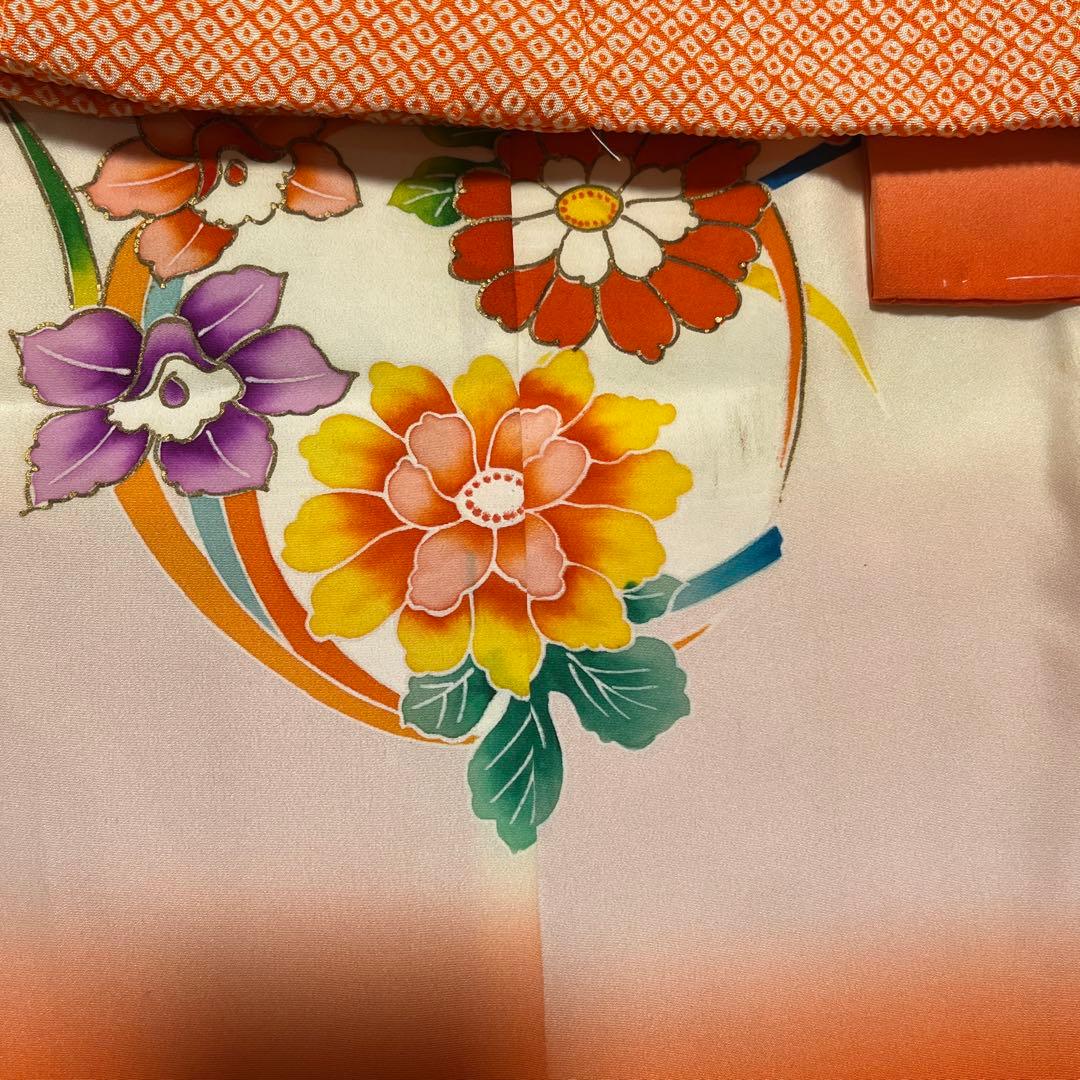 七五三　3歳　オレンジ　正絹　アンティーク　桔梗　被布