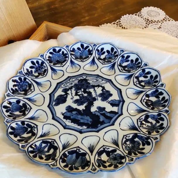 未使用保管品　源右衛門 　館林源右衛門 作　染付 輪花　十寸　30cm　供桐箱