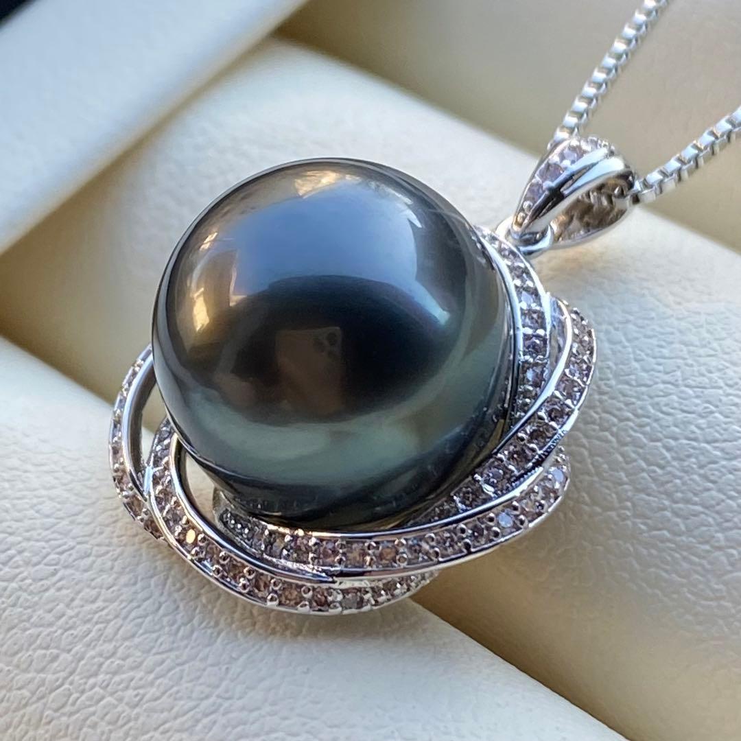 本真珠　南洋黒蝶真珠ネックレストップ　13mmダークグリーンPT884