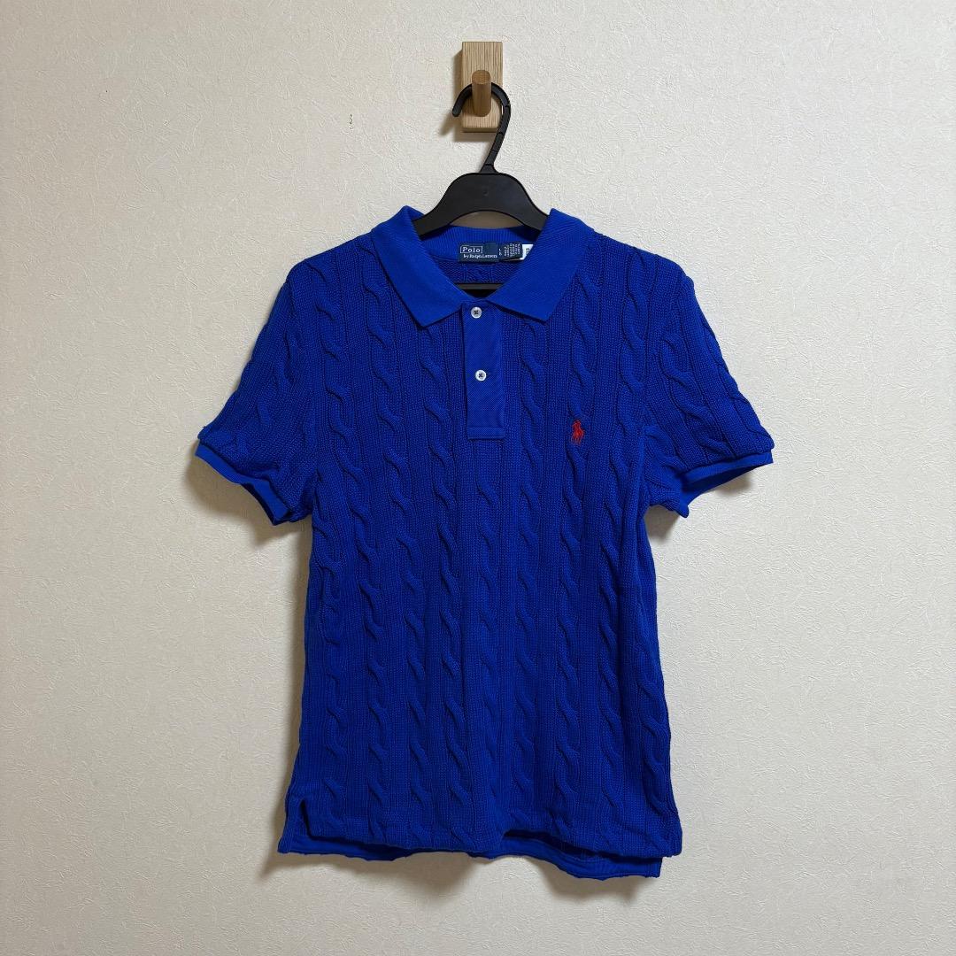 美品 ポロラルフローレン ケーブルニット ポロシャツ ブルー