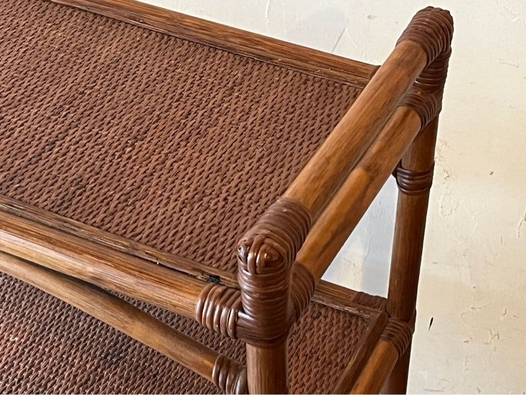 ラタン キッチンワゴン 藤 ワゴン 棚 インテリア 昭和レトロ 当時物 トレイ