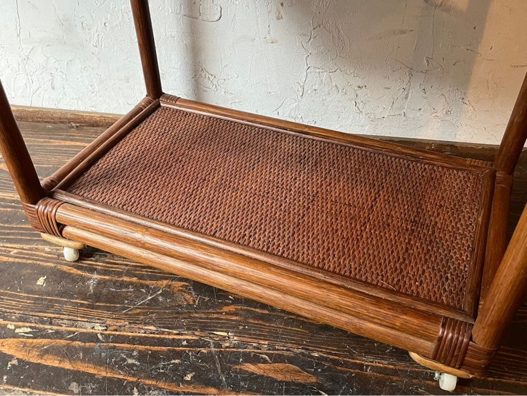 ラタン キッチンワゴン 藤 ワゴン 棚 インテリア 昭和レトロ 当時物 トレイ