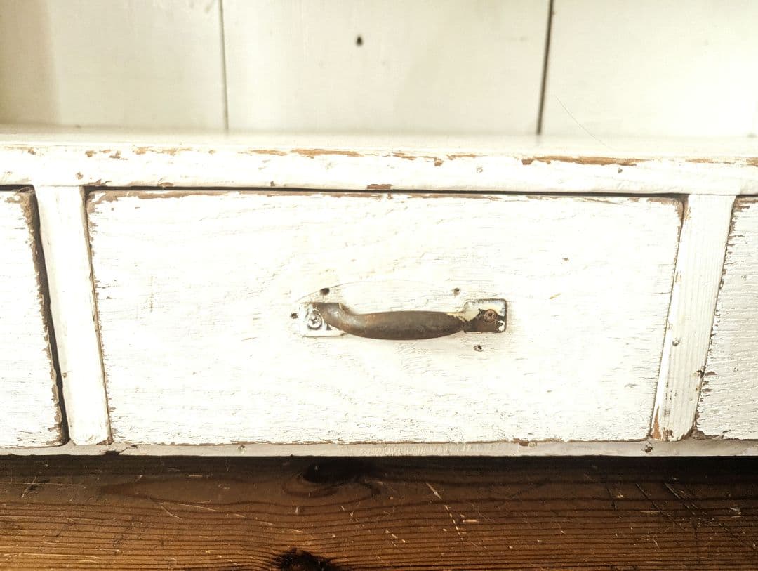 アンティーク　古道具　ホワイト木製3段シェルフ 引き出し付き